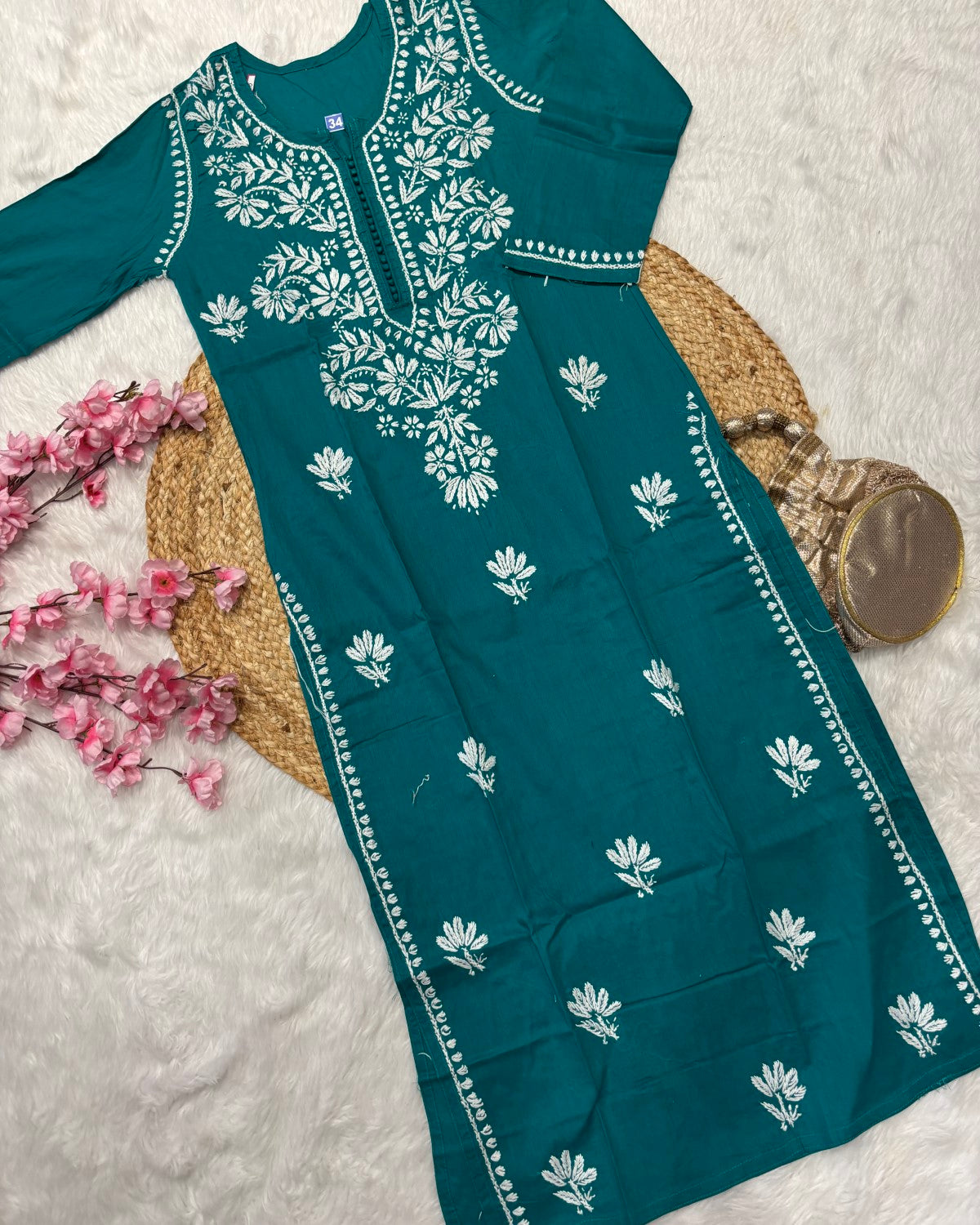 Cotton Long Straight Centre Button Flower Design
