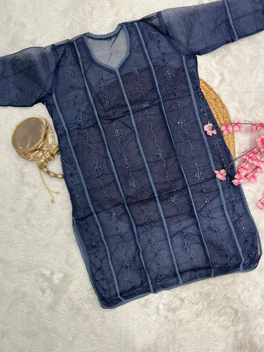 Kaizan Applique Chikankari Handwork plus size organza long straight kurtis