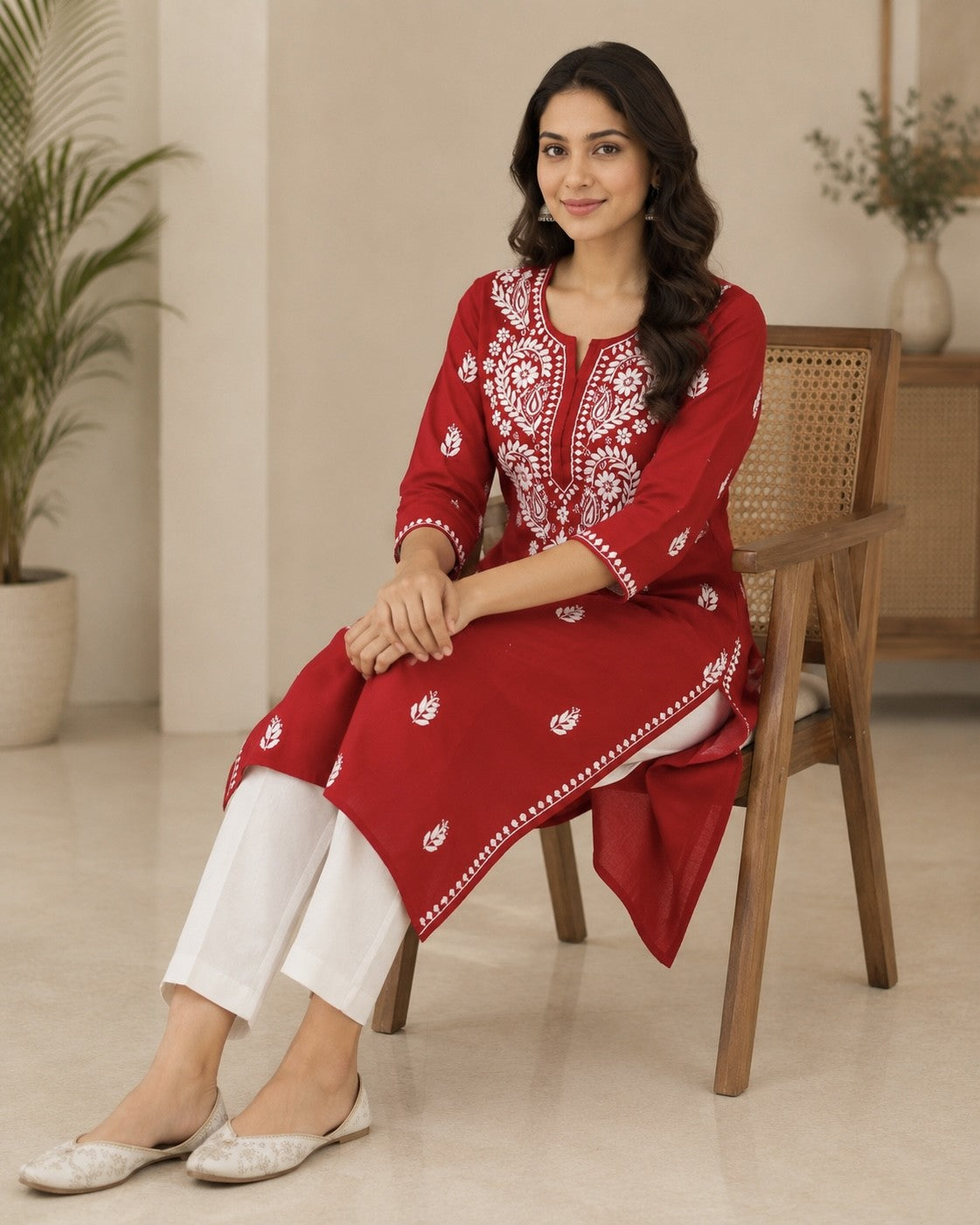 Cotton Long Straight Kurti Flower Curve Design