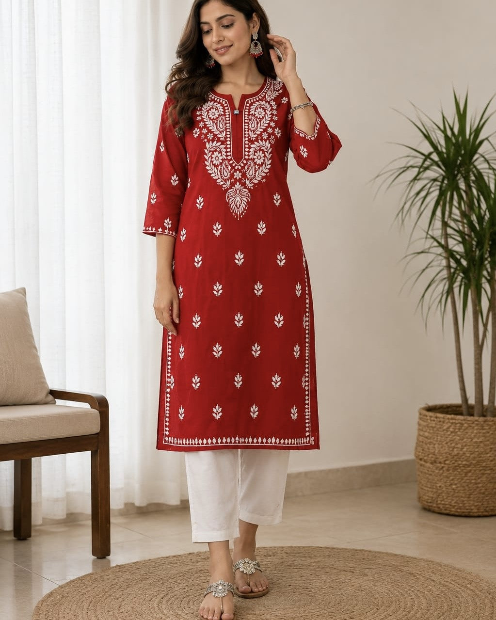 Cotton Long Straight Kurti Flower Curve Design