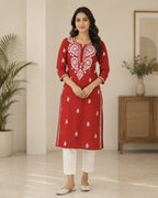 Cotton Long Straight Kurti Flower Curve Design