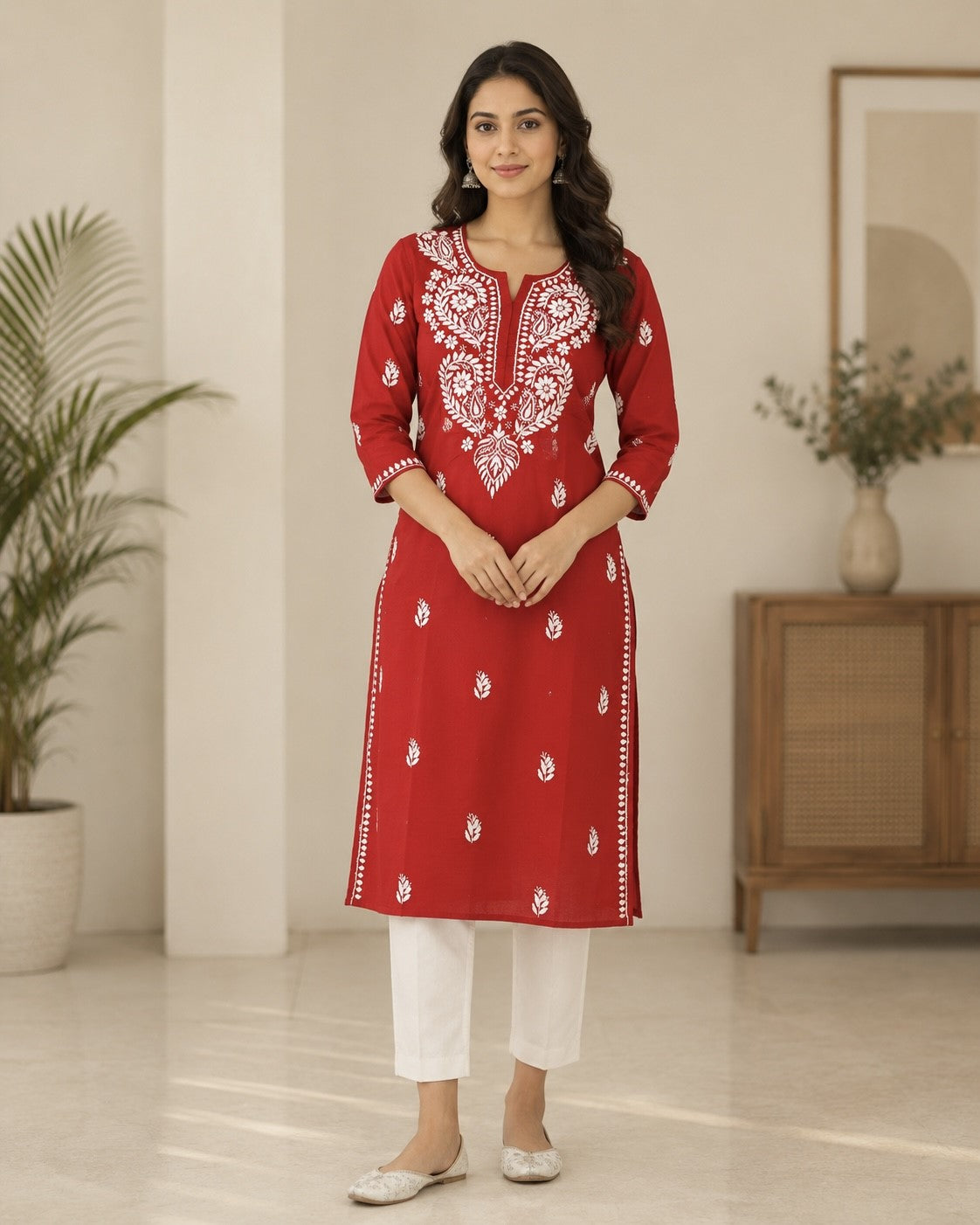 Cotton Long Straight Kurti Flower Curve Design