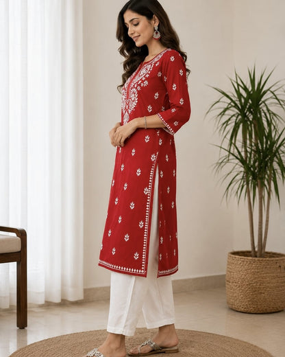 Cotton Long Straight Kurti Flower Curve Design