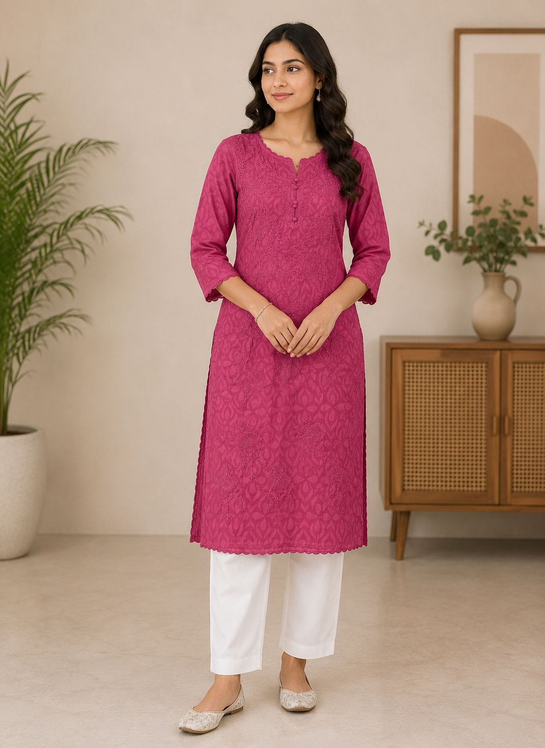 Gulshan Jaquard Applique Kurtis Sunflower Design With Self Chikankari Handwork Cotton Kurtis