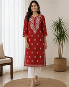 Cotton Long Straight Kurti Flower Curve Design