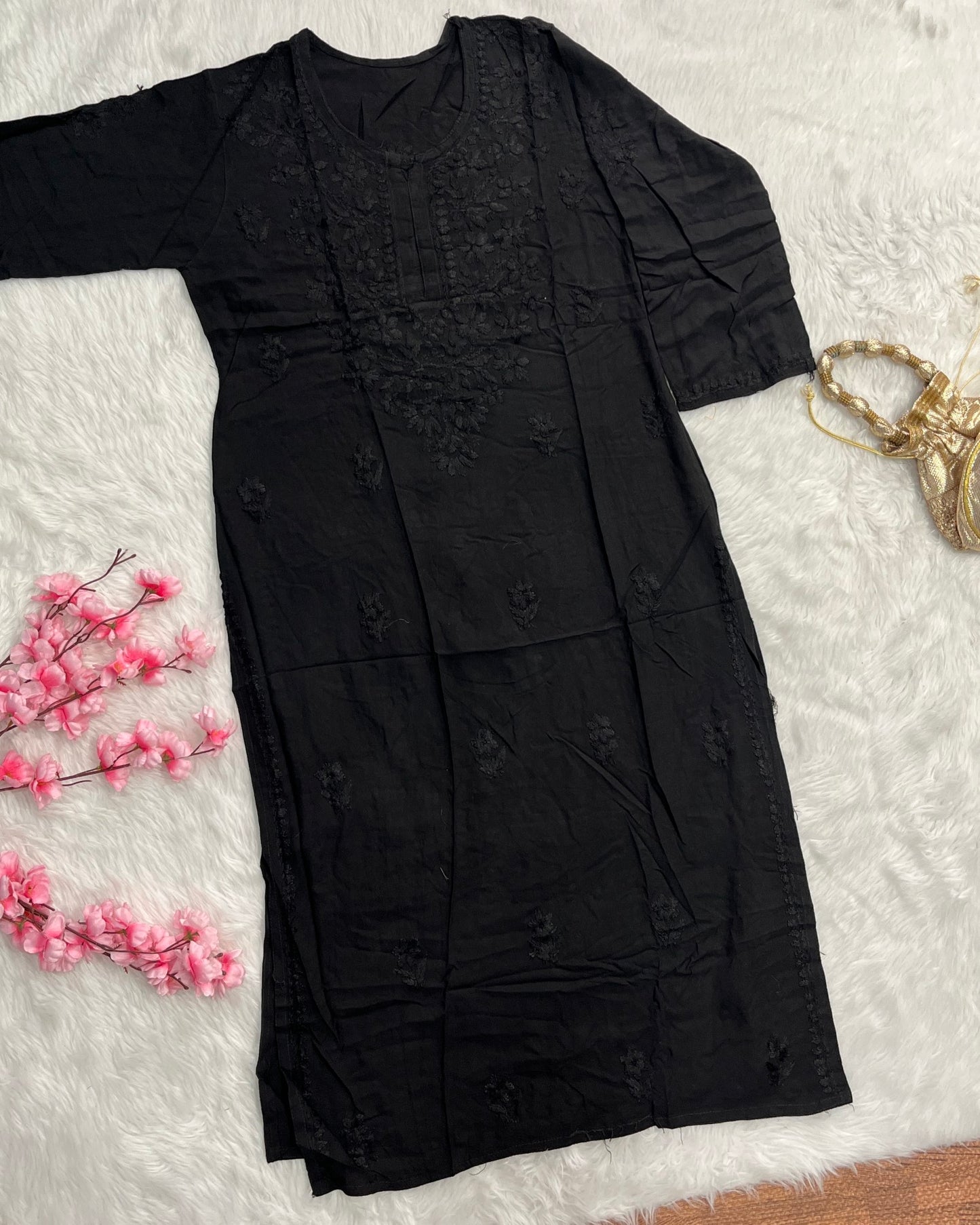Dina Rayon Long Self Chikankari Handwork Kurti