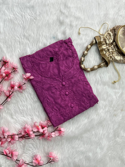 Gulshan Jaquard Applique Kurtis With Self Chikankari Handwork Cotton Kurtis