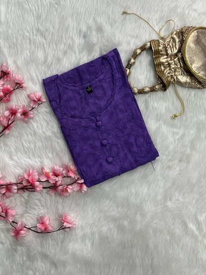 Gulshan Jaquard Applique Kurtis With Self Chikankari Handwork Cotton Kurtis