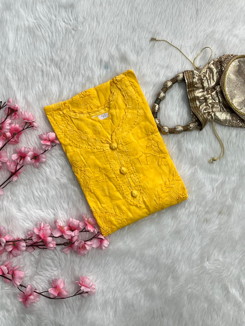 Gulshan Jaquard Applique Kurtis Sunflower Design With Self Chikankari Handwork Cotton Kurtis