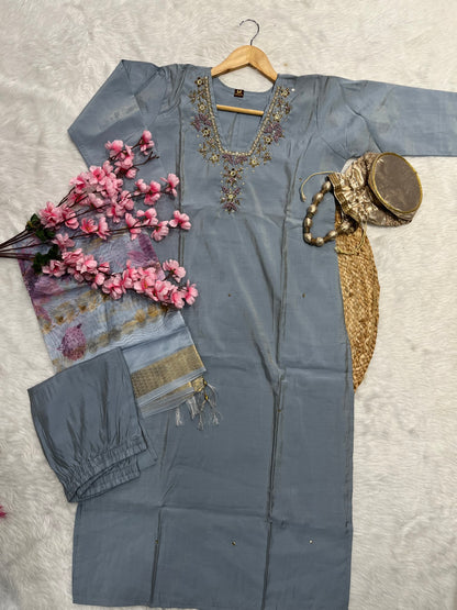 Organza kurta pant dupatta set
