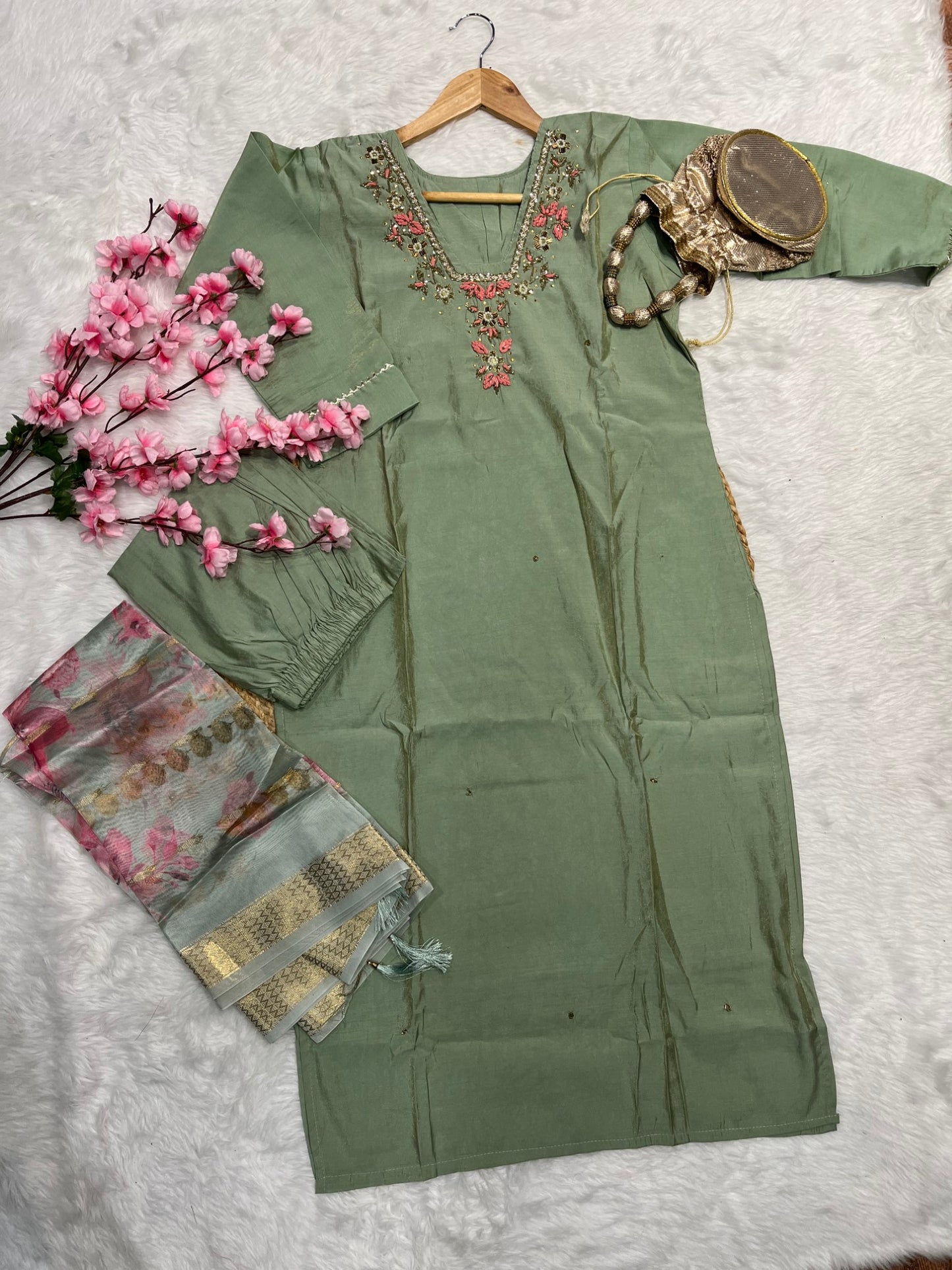 Organza kurta pant dupatta set