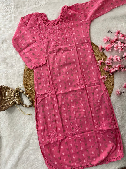 Roohani Chikankari Handwork Neck Qureshia cotton long straight kurtis