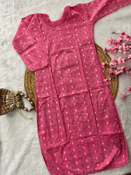 Roohani Chikankari Handwork Neck Qureshia cotton long straight kurtis
