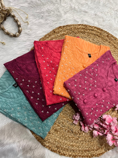 Rooh Applique Chikankari Handwork 3 pearl jacquard cotton long straight kurtis