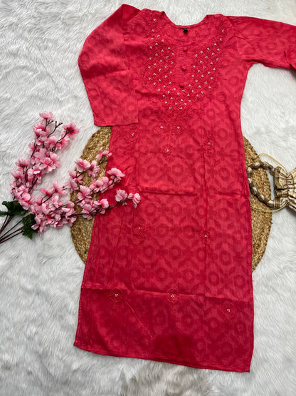 Rooh Applique Chikankari Handwork 3 pearl jacquard cotton long straight kurtis