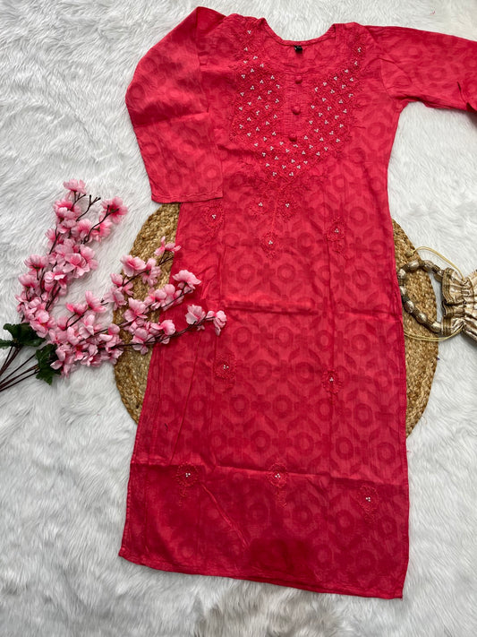 Rooh Applique Chikankari Handwork 3 pearl jacquard cotton long straight kurtis