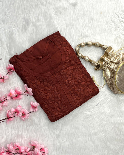Dina Rayon Long Self Chikankari Handwork Kurti