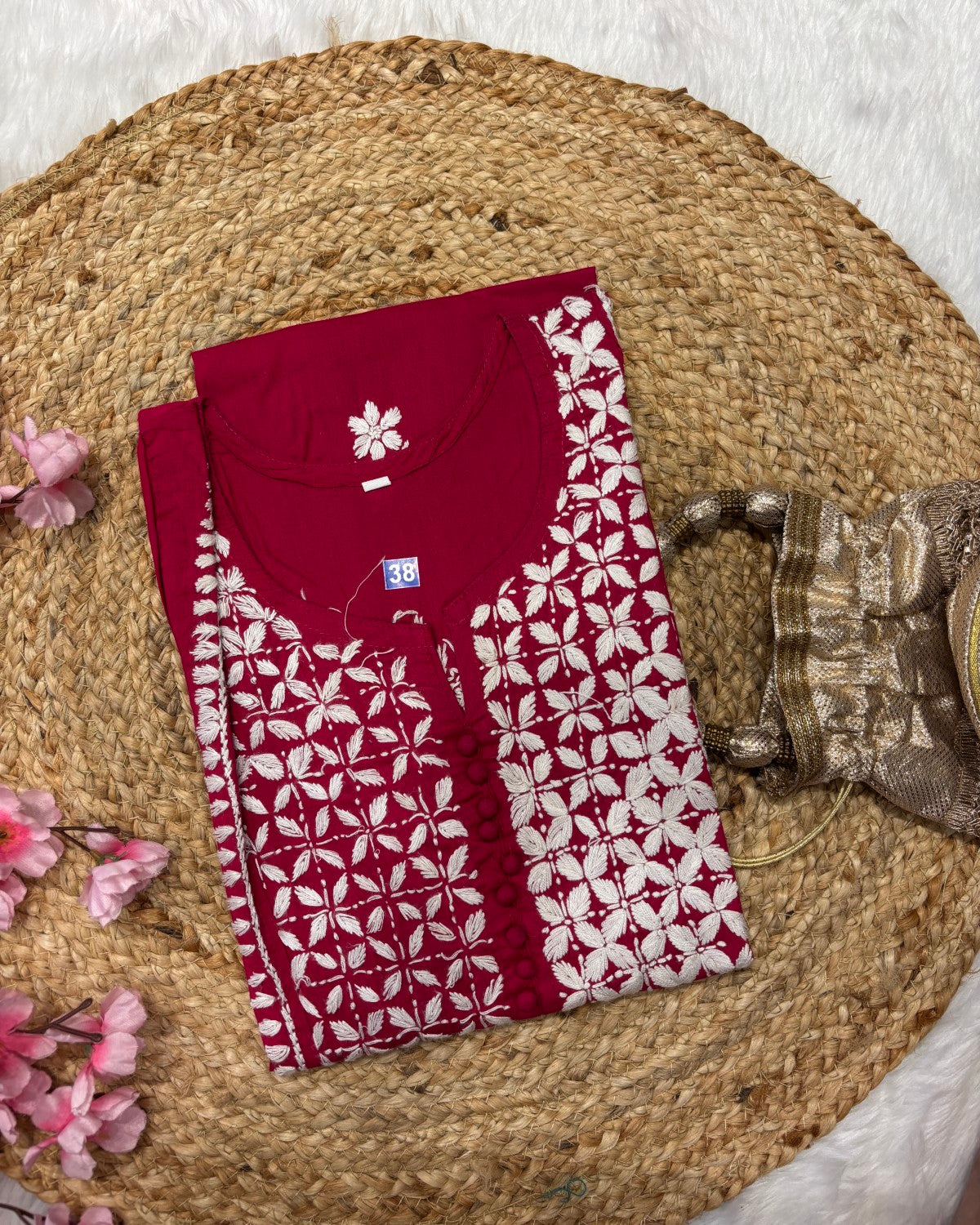 Cotton Long Straight Side Cross Centre Flower Design