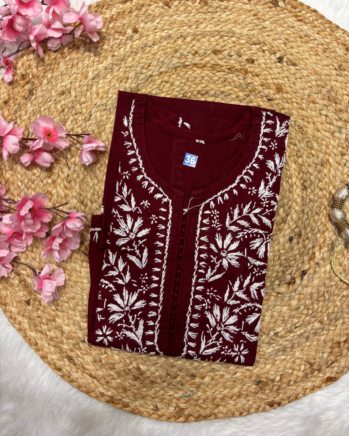 Cotton Long Straight Centre Button Flower Design
