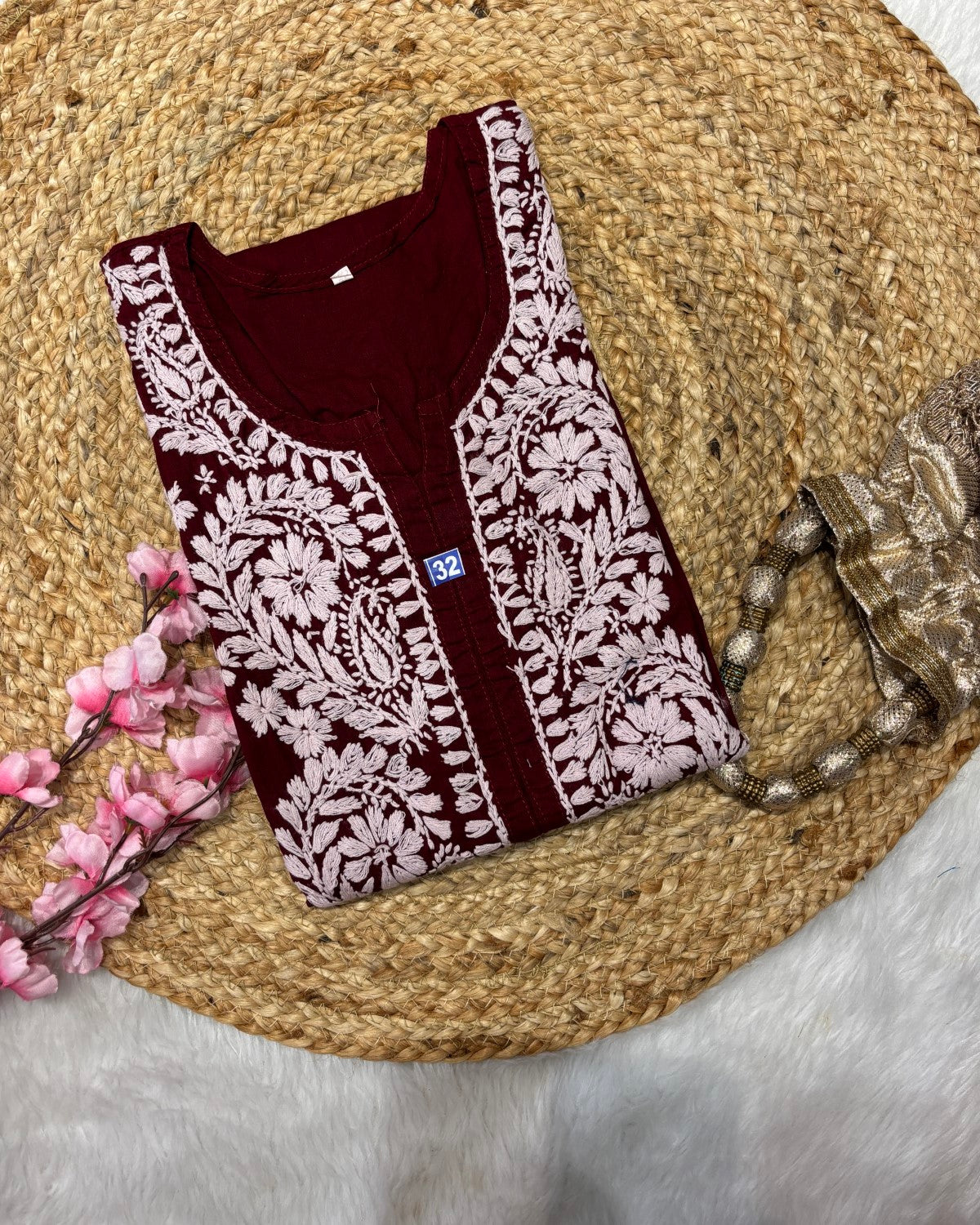 Cotton Long Straight Kurti Flower Curve Design