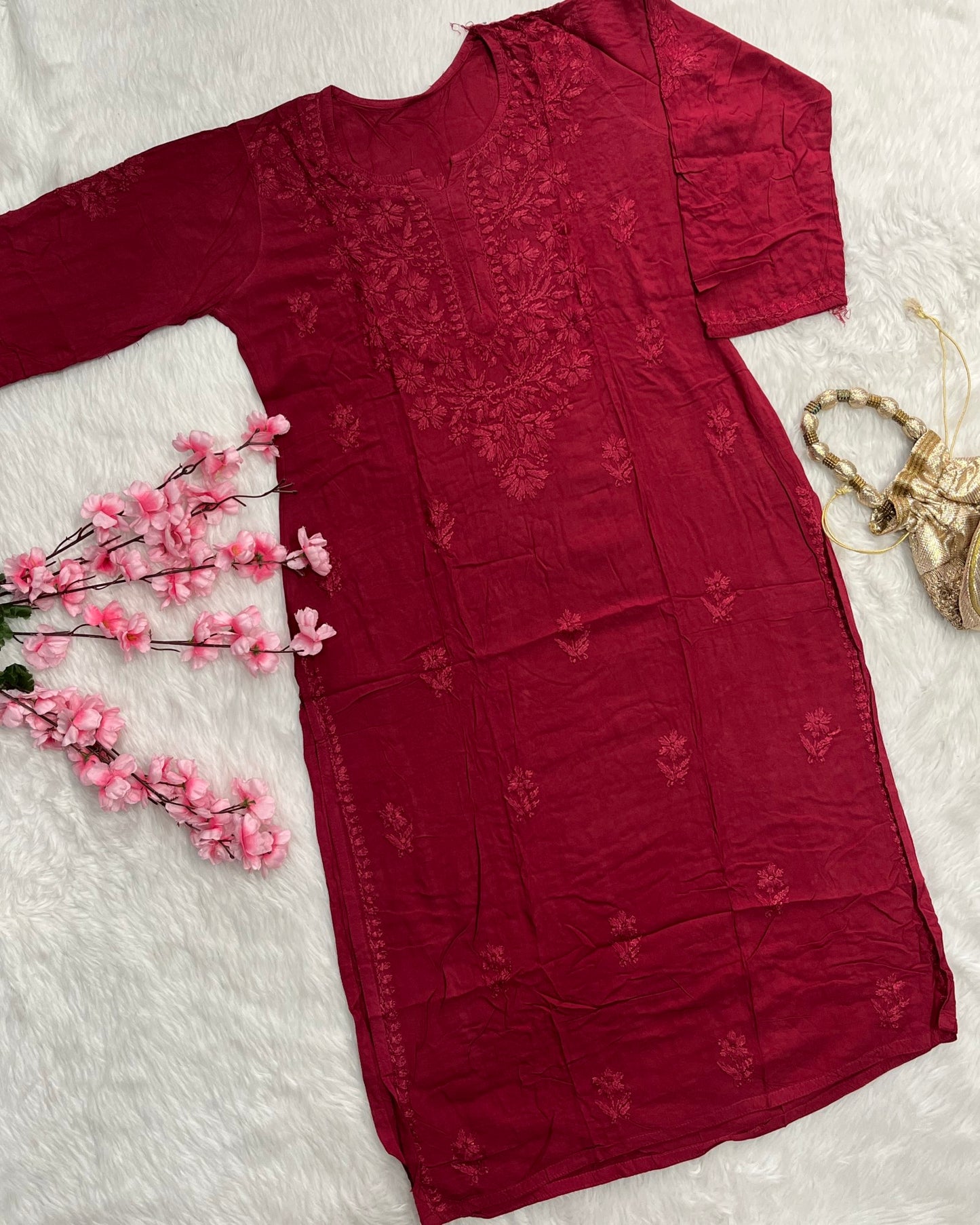Dina Rayon Long Self Chikankari Handwork Kurti