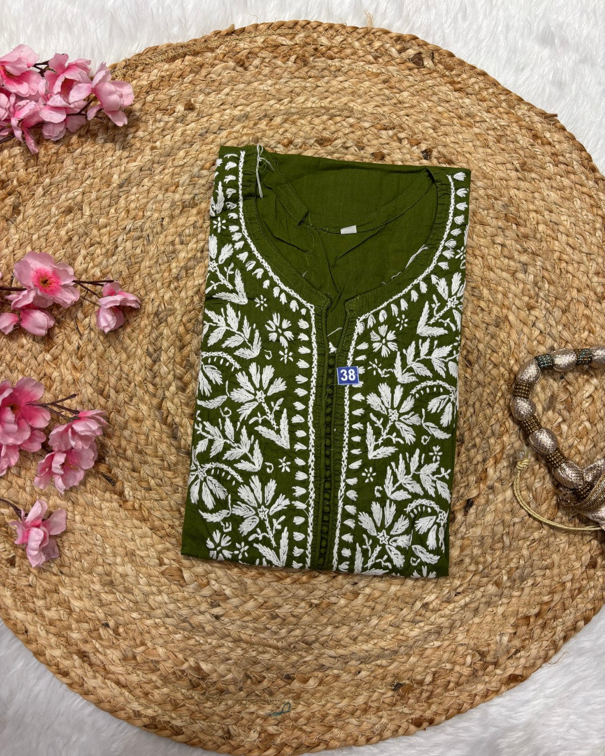 Cotton Long Straight Centre Button Flower Design