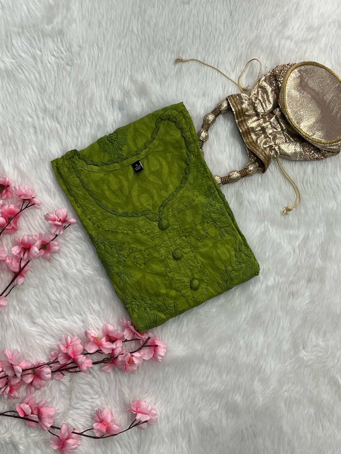 Gulshan Jaquard Applique Kurtis With Self Chikankari Handwork Cotton Kurtis