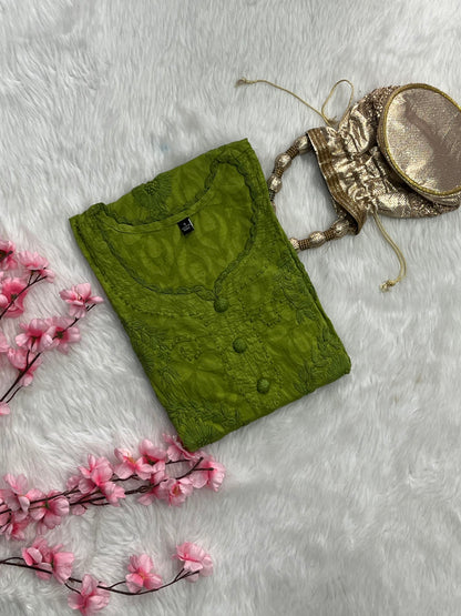 Gulshan Jaquard Applique Kurtis With Self Chikankari Handwork Cotton Kurtis