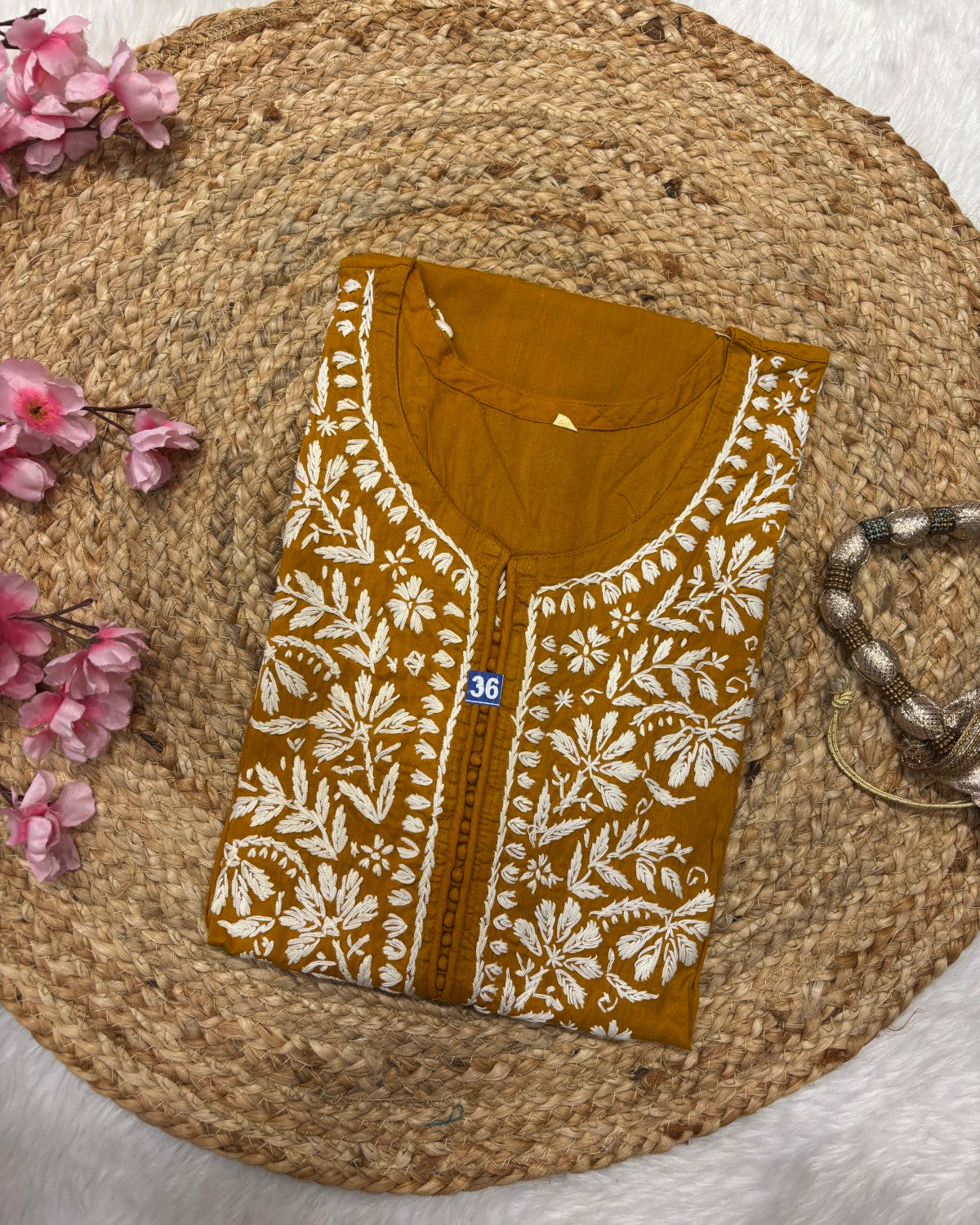 Cotton Long Straight Centre Button Flower Design