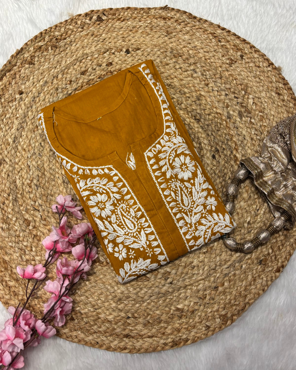 Cotton Long Straight Kurti Flower Curve Design