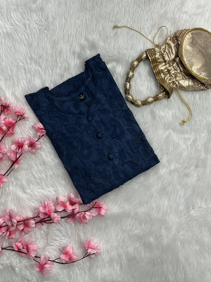 Gulshan Jaquard Applique Kurtis With Self Chikankari Handwork Cotton Kurtis