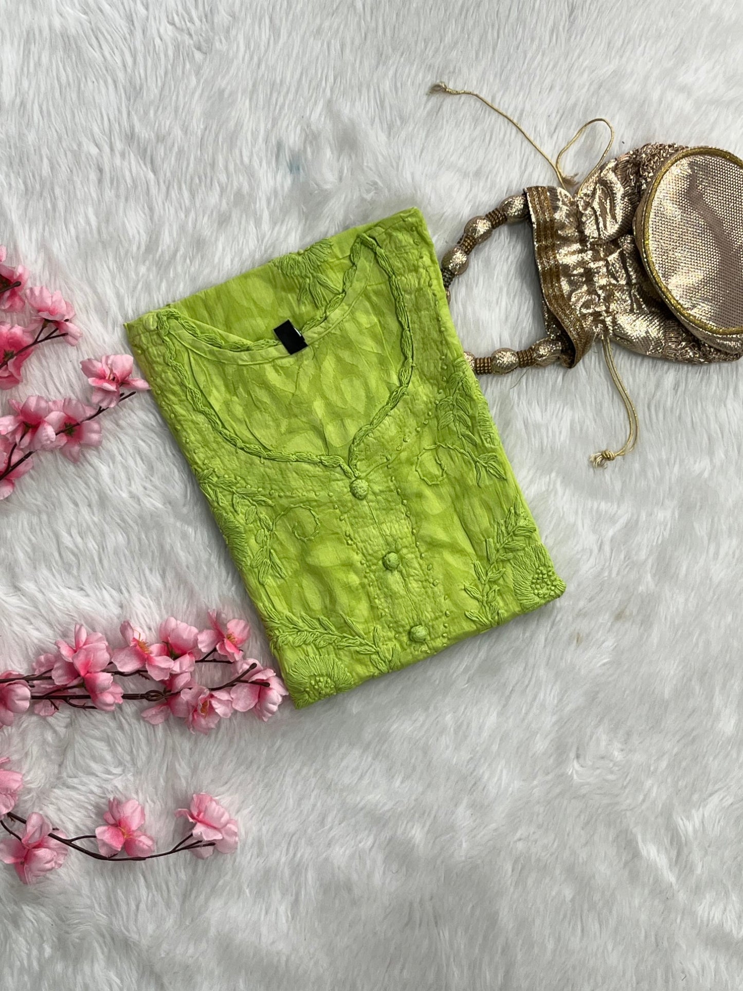 Gulshan Jaquard Applique Kurtis With Self Chikankari Handwork Cotton Kurtis