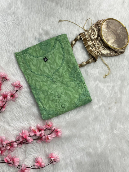 Gulshan Jaquard Applique Kurtis With Self Chikankari Handwork Cotton Kurtis