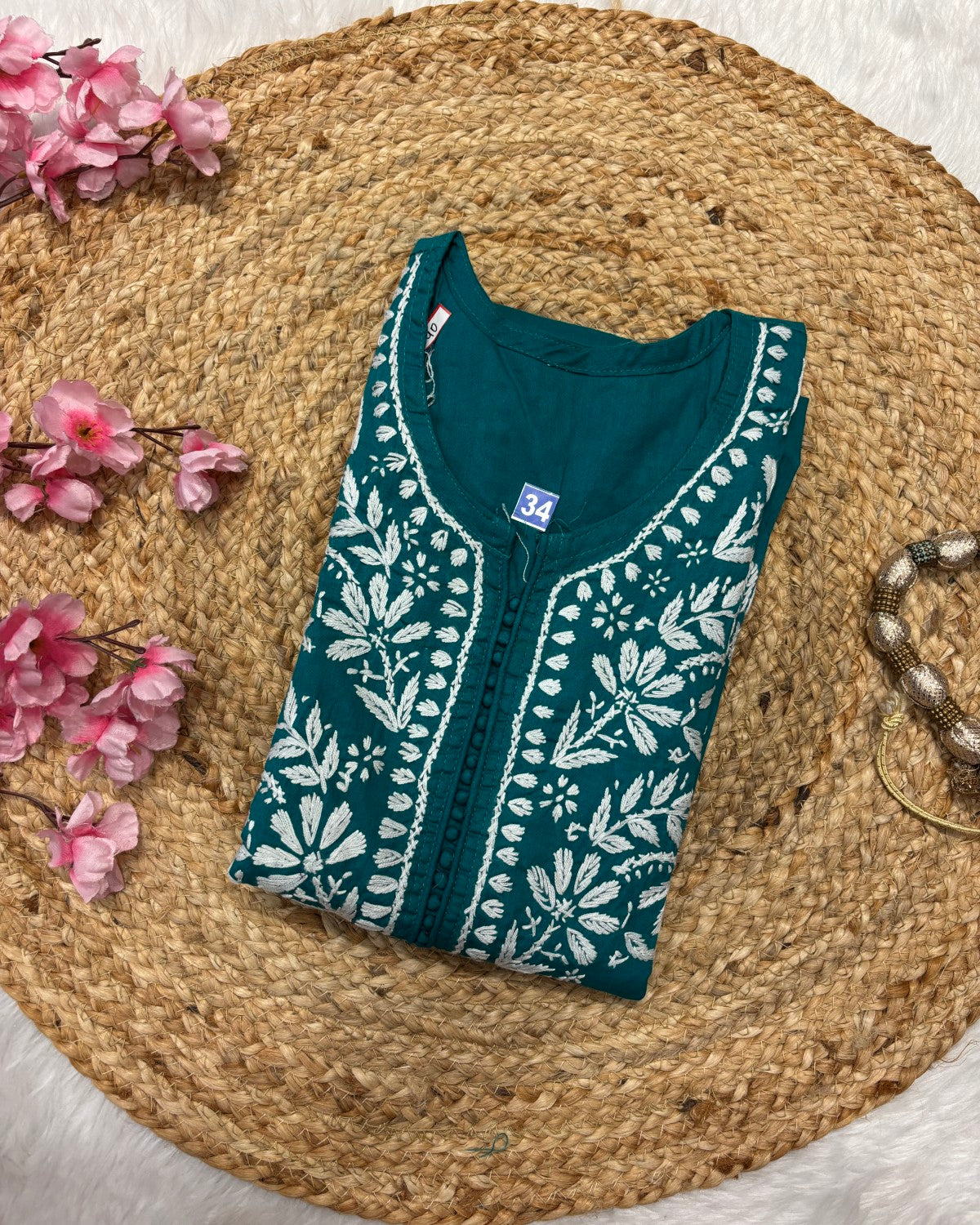 Cotton Long Straight Centre Button Flower Design