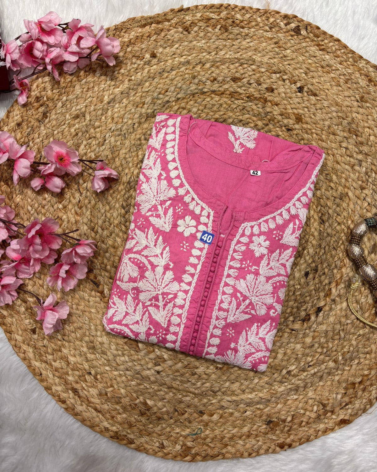 Cotton Long Straight Centre Button Flower Design
