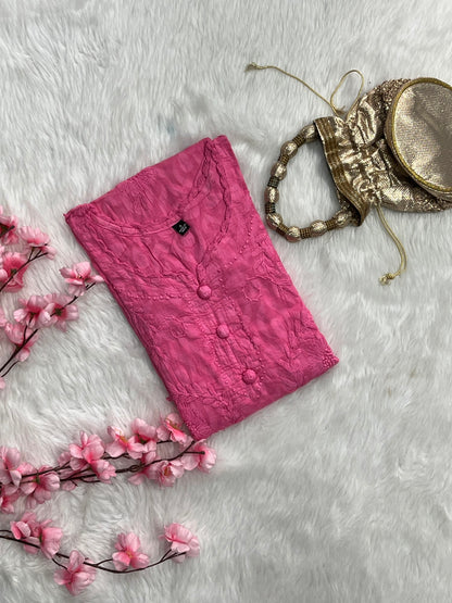 Gulshan Jaquard Applique Kurtis With Self Chikankari Handwork Cotton Kurtis