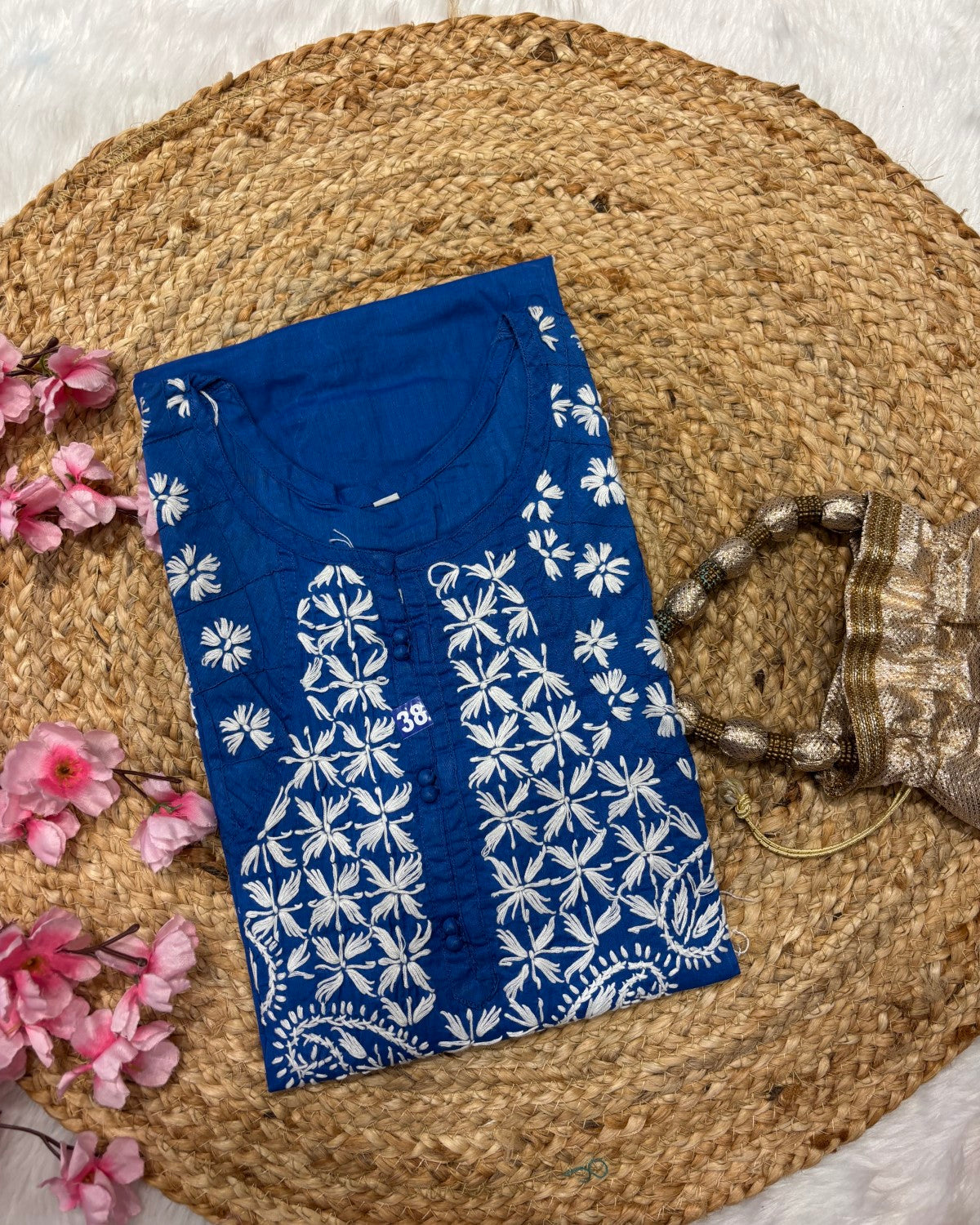 Cotton Long Straight Side Cross Centre Flower Design