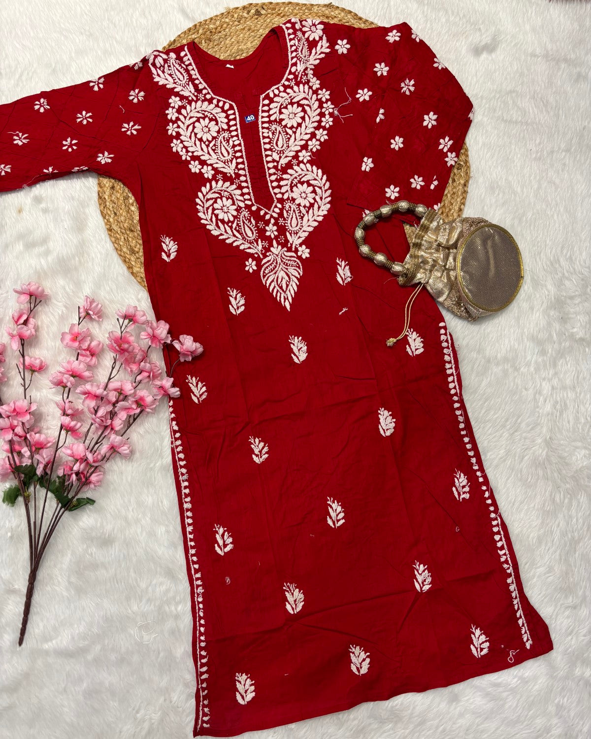 Cotton Long Straight Kurti Flower Curve Design