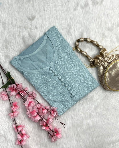 Zainab Dobby Long Chikankari Handwork Kurtis