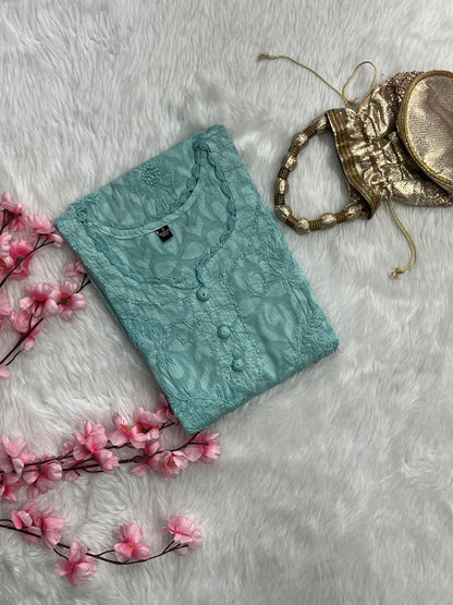 Gulshan Jaquard Applique Kurtis With Self Chikankari Handwork Cotton Kurtis