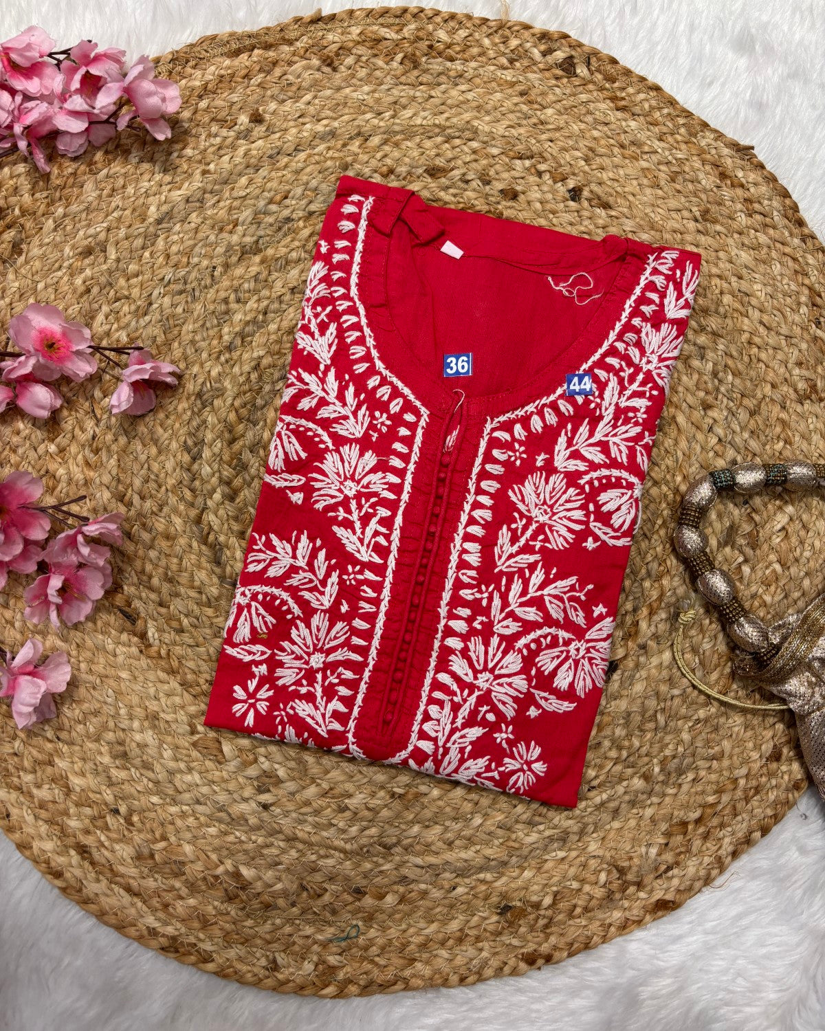 Cotton Long Straight Centre Button Flower Design