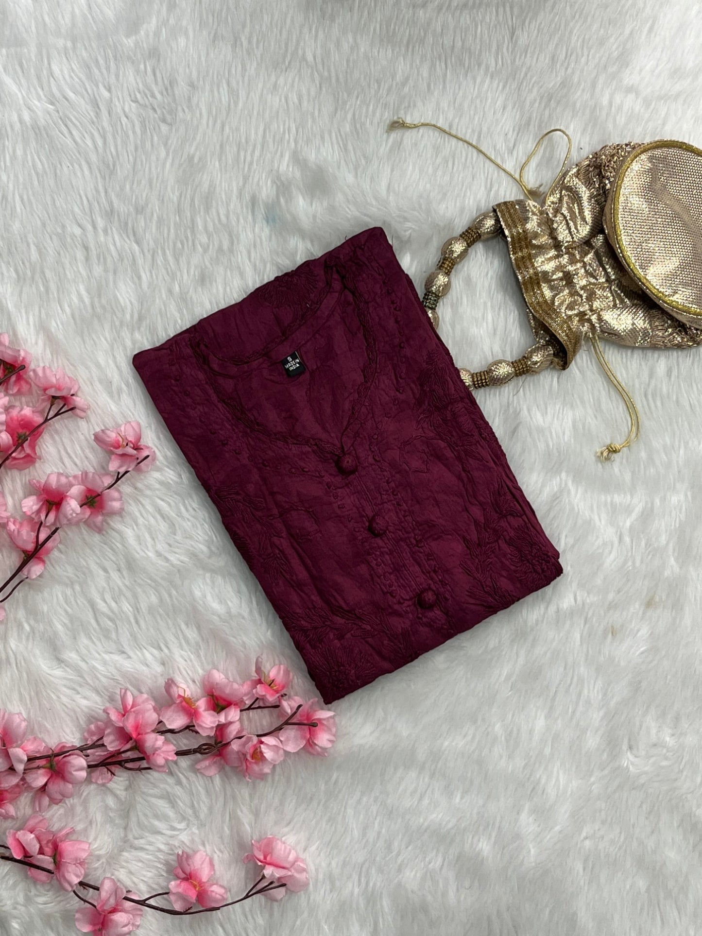 Gulshan Jaquard Applique Kurtis With Self Chikankari Handwork Cotton Kurtis