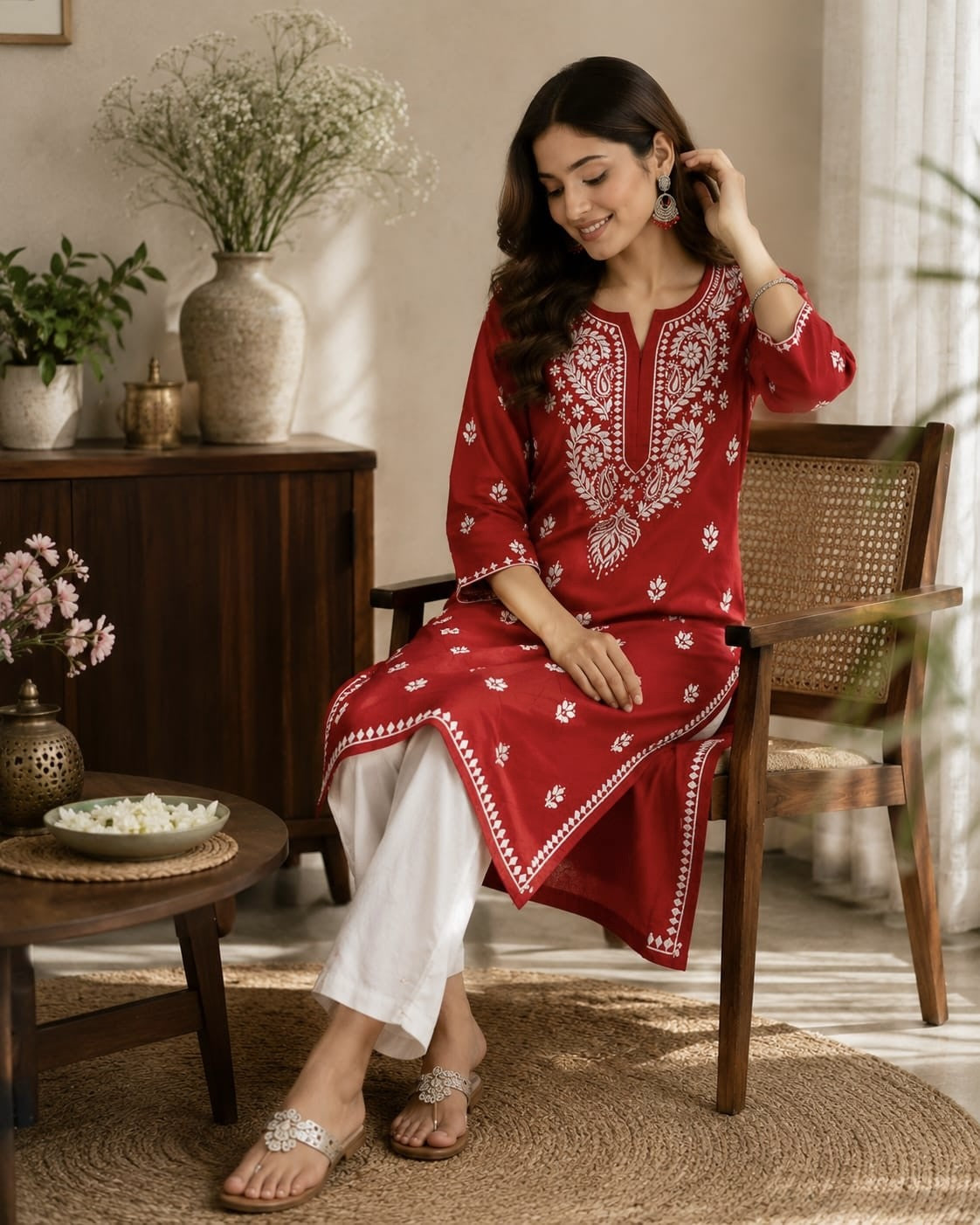 Cotton Long Straight Kurti Flower Curve Design