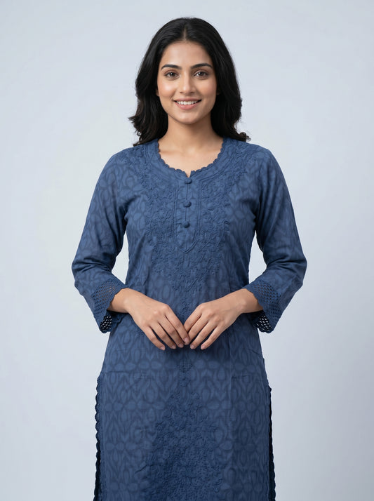 AI Studio Photo - Standing with weight on one leg, natural asymmetric stance, front view, full body relaxed pose. CAMERA SHOT: A FULL BODY shot capturing the person from head to toe. [Upper body focus]