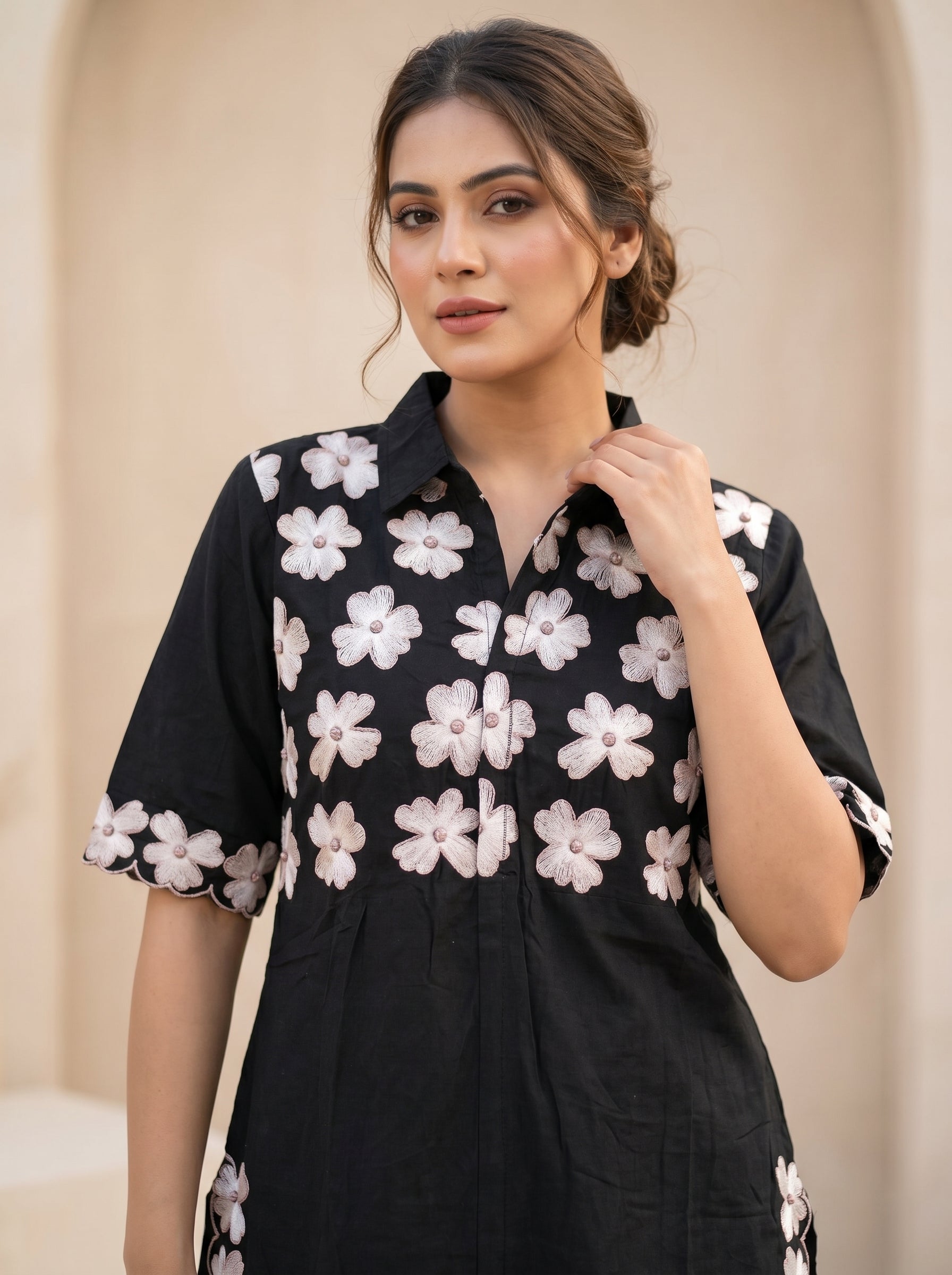 AI Studio Photo - Standing with one hand adjusting clothing, natural candid moment, front view, full body. CAMERA SHOT: A FULL BODY shot capturing the person from head to toe. [Upper body focus]