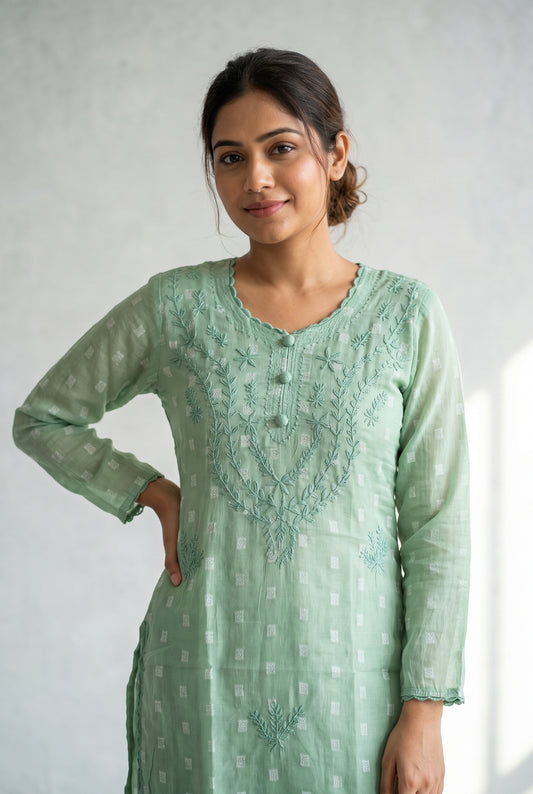 AI Studio Photo - Standing with weight on one leg, natural asymmetric stance, front view, full body relaxed pose. CAMERA SHOT: A FULL BODY shot capturing the person from head to toe. [Upper body focus]